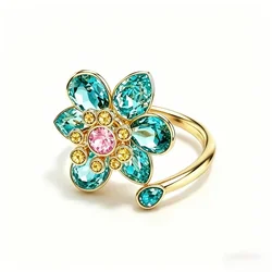 Luxe Shimmer Green & Pink Zircon Flower Women's Adjustable Open Ring - Resizable (Blue)
