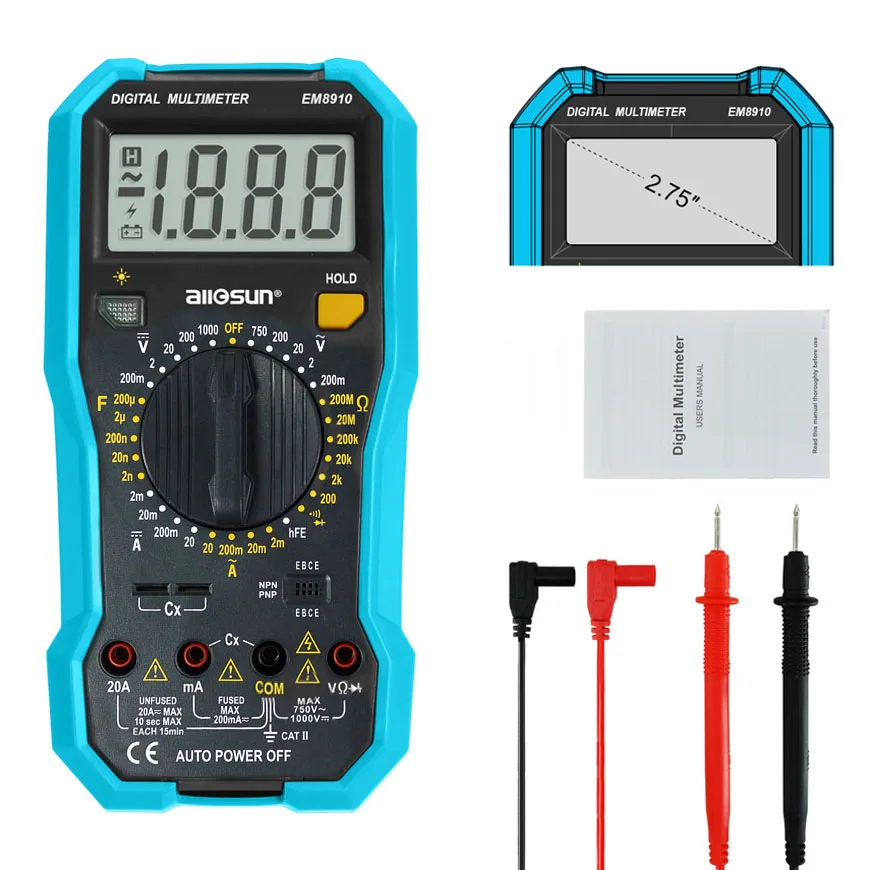 

Handheld Digital Multimeter OHM AC/DC V/A Automotive Multitester Backlight all-sun EM8910