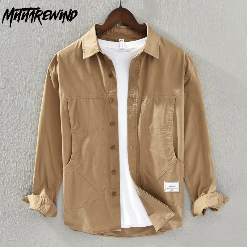 

Japanese Style Khaki Cargo Shirt Men Causal Pure Cotton Long Sleeve Shirt Fashion Loose Male Shirt Spring Autumn Men's Clothing