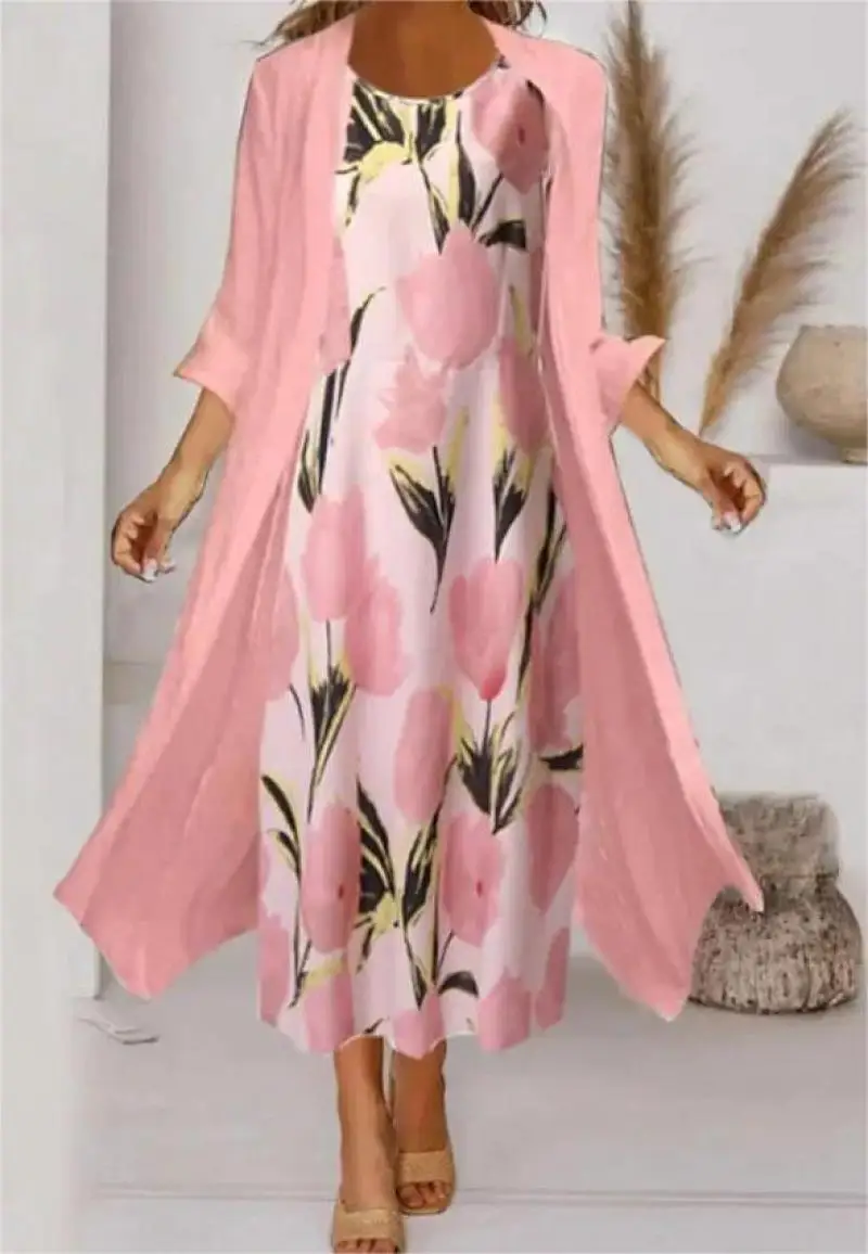 

2022 Women Dress Mid Length Three Quarter Long Sleeve Floral Crinkle Print Autumn Spring Crew Neck Pulllover Dress Coat Set