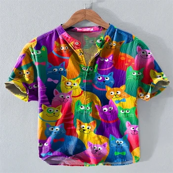 Hawaiian men's vacation short sleeve shirt multiple cats abstract art retro print casual shirt daily outing shirt