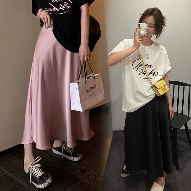 2024 여름 임산부 새틴 스커트, 사이드 스플릿 패션, 임산부 배꼽 스커트, 단색, 긴 느슨한 임신 엠파이어 스커트
