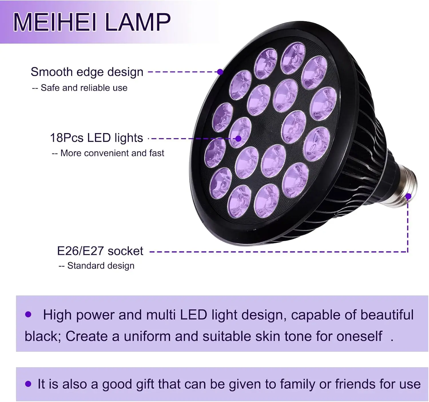 54W Ultraviolet Tanning Lamp 395nm 18PCS LEDS 300&deg; Rotating Adjustable Clip Type