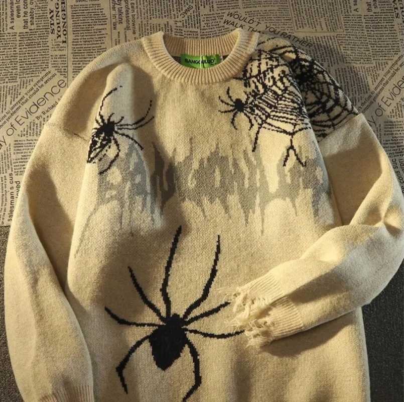Spider Graffiti Black Sweater Men Autumn and Winter Warm Casual