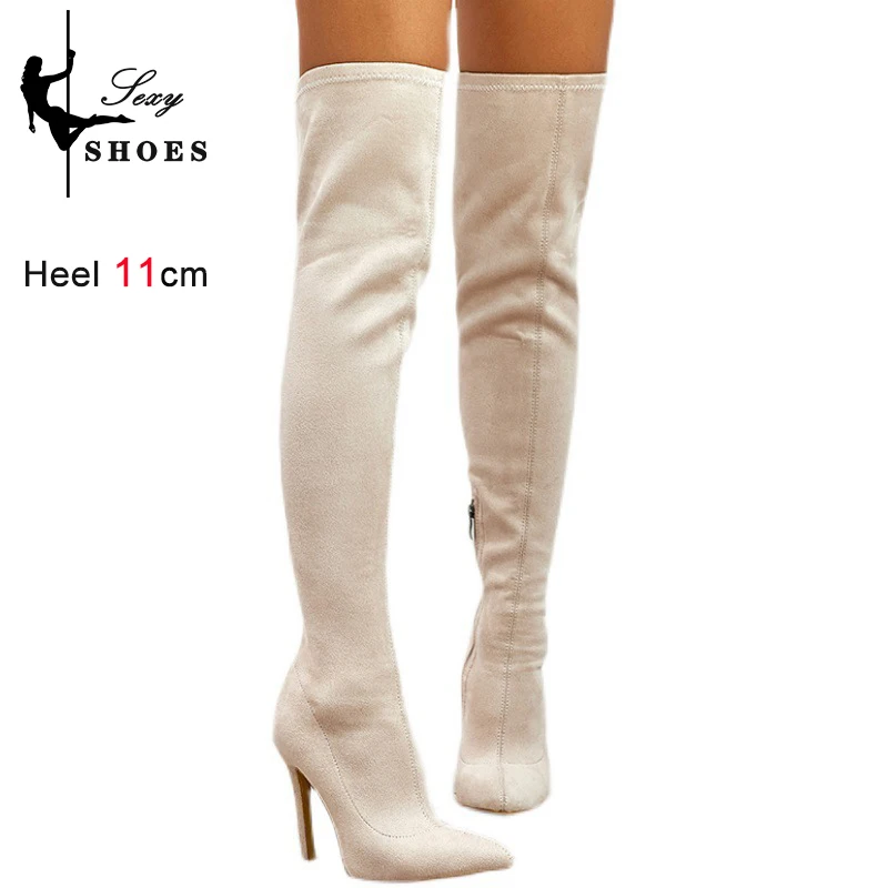 2023 Women's over-the-knee Boots Fashion Pointed Toe Autumn Winter Flock Thigh High Stretch Long Booties Wine Red Stiletto Heels