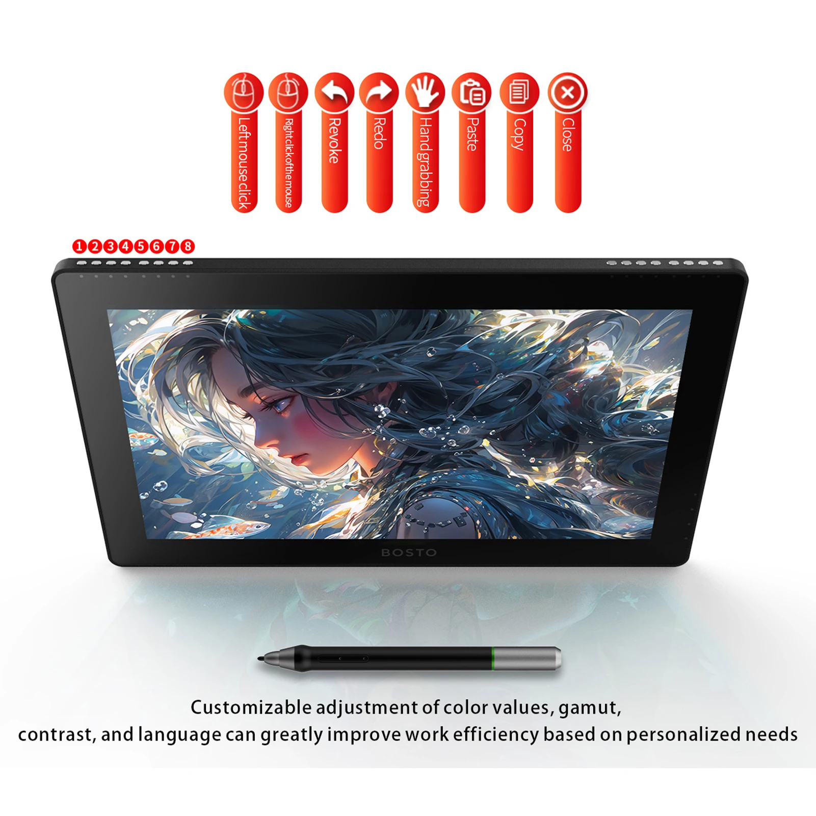 BOSTO 16HD 15.6 Inch IPS Graphics Drawing Tablet 1920*1080 Monitor 16K Pressure Level w/ Rechargeable Stylus Pen/ 20pcs Pen Nips 3