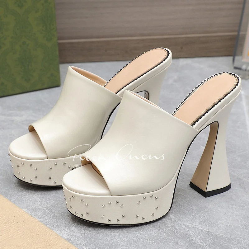 

Slippers Summer New Women Metal Decoration Design Banquet Super High Heel Sandal Genuine Leather Material Platform Female Sandal