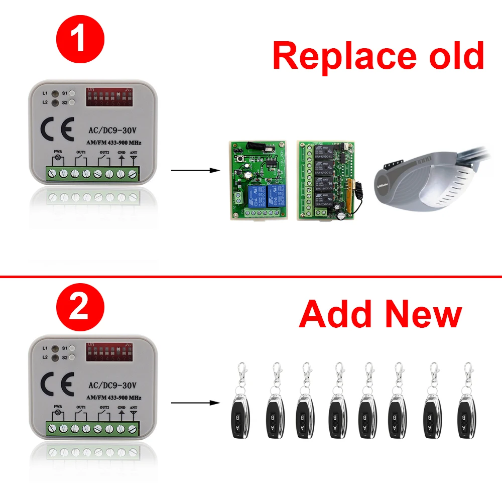 Garage Door Opener Door Access Control Switch Garage Remote Control Sliding Gate Opener Control Board Universal RX-Multi Frequency 300MHz-868MHz 433MHz Receiver Switch Controller AC/DC 9V-30V 2CH Garage Door/Gate Controller