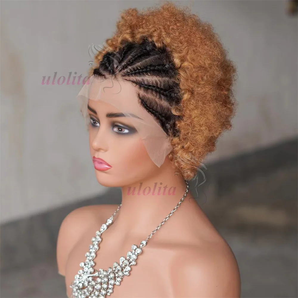 T1B/30 Ombre Color Afro Kinky Curly Human Hair Wig with Braids 13x4 Transparent Lace Front Curly Short Bob Wigs 250% for Women