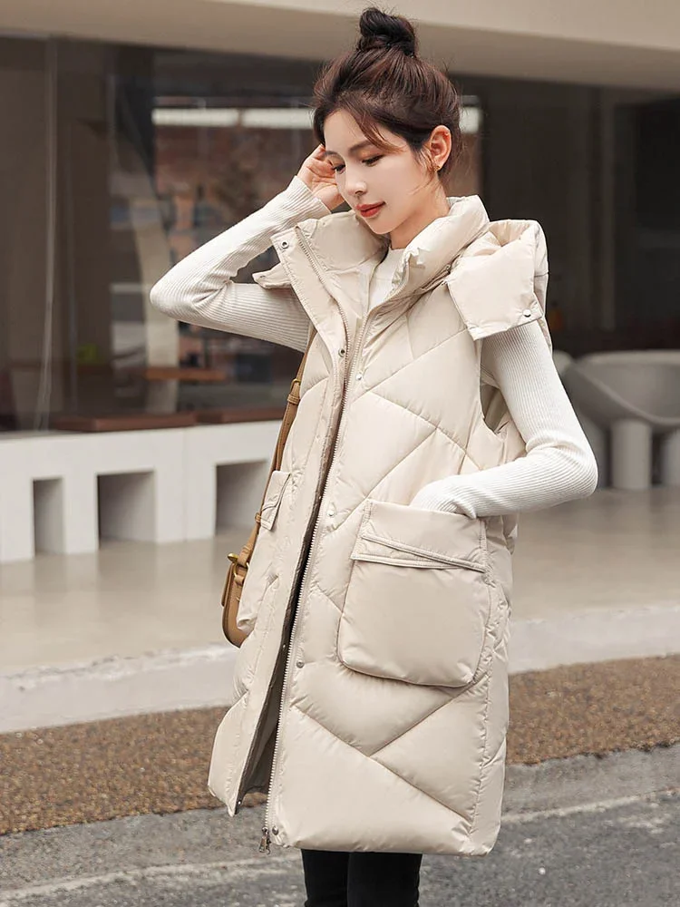 

2023 Autumn Winter New Down Cotton Vest Women Long Loose Detachable Hooded Korean Fashion Pockets Design Sleeveless Waistcoat