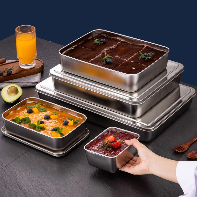 Stainless Steel Flat Bottom Storage Tray with Lid Square Food Plate Cake Bread Pastry Baking Pan Dish Bakeware Kitchen Tools 2