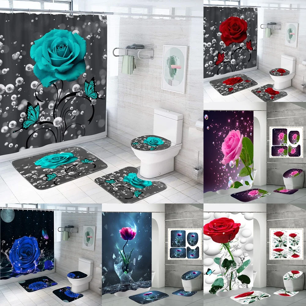 

Teal Flower Shower Curtain Set with Rugs Turquoise Rose Baths Curtains Bath Mats Romantic Floral Bathroom Decor Sets of 4Pcs New