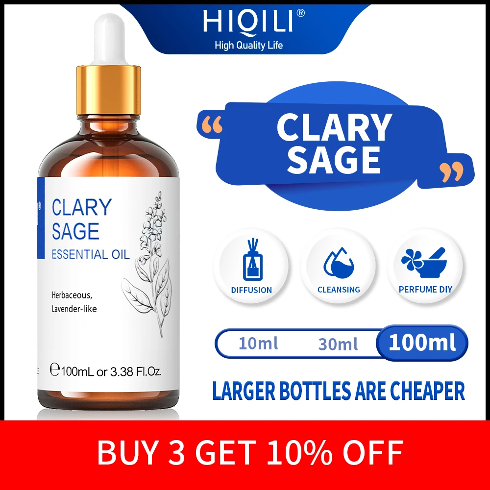 HIQILI 100ML Clary Sage Essential Oils for Diffuser Humidifier Candle Making Massage Aromatherapy 100% Pure Natural Aroma Oil 100ml pure oil soluble lavander hotel spa essential oils for aroma oil difuser makeing candle soap victoria secret perfume oil