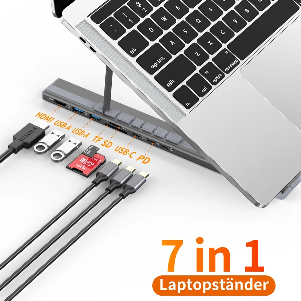 Laptop Stand with USB C 3.1 HUB USB 3.0 7 in 1 4K HDMI SD TF Card Reader Adjustable Portable for Macbook Aluminium Notebook