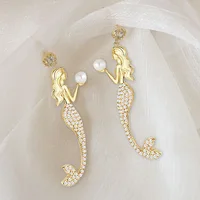 Mermaid Trend Earrings For Women Super Fairy Mermaid Alloy Electroplate Golden Jewelry Inlay Brick luxurious Long Pearl Earrings 2