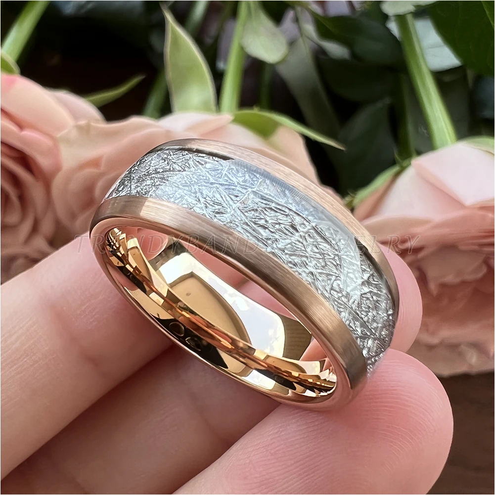 8 mm, 3 Farben, Meteorit-Inlay, Wolframkarbid-Ringe für Männer und Frauen, Ehering, gewölbtes, gebürstetes Finish, bequeme Passform – Detail 2