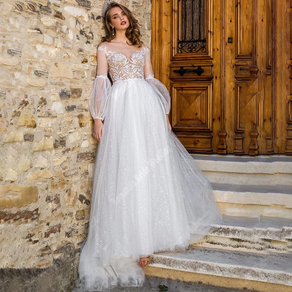 Čistý bílý ženy svatební šaty romantické tyl povrch dlouhé rukávy svatební gowns vytírání délka kněžna vestido de novias 2024