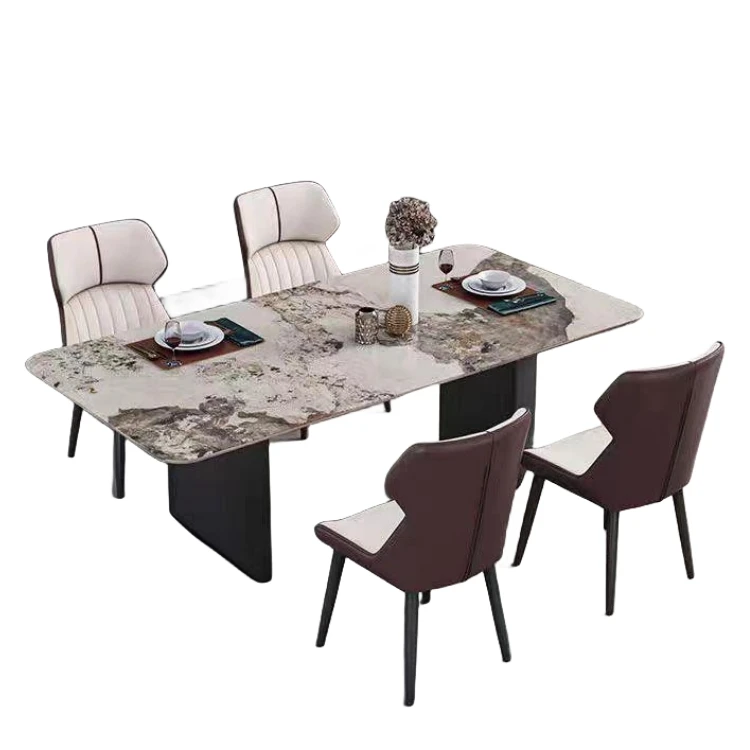 

New Italian Pandora Rock Plate Dining Table and Chair Set Light Luxury Modern Simple Household Rectangular Dining Table