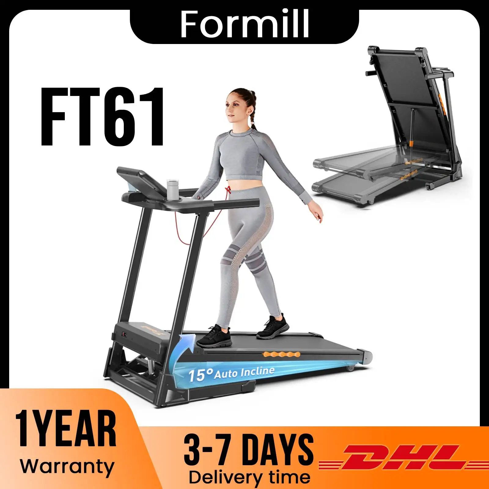 Tapis roulant Formill FT61 3.0HP Tapis roulant portatili per la casa Tappetino da passeggio con capacità di 330 libbre, tapis roulant pieghevole inclinato al 15%, display a LED