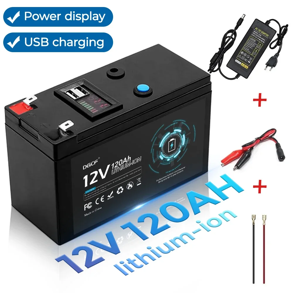 

12V 120Ah Iron phosphate battery 18650 lithium USB Rechargeable for solar energy electric vehicle battery+ 12.6V 3A charger