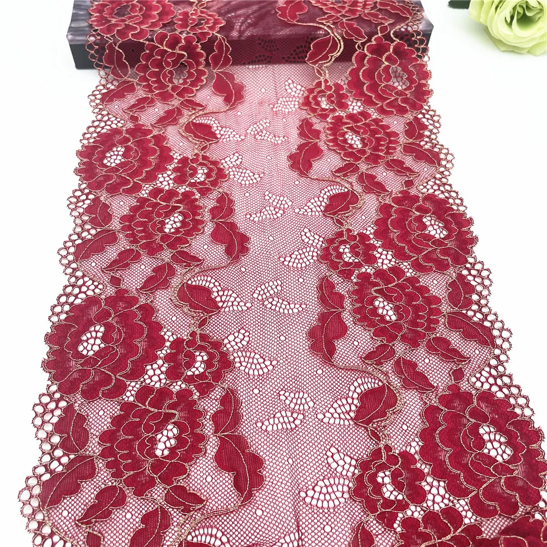 3y/lot Width 23cm Red With Golden Elastic Stretch Lace Trim 6