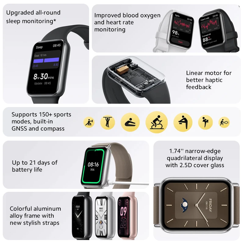 Global Version Xiaomi Smart Band 9 Pro 1.74'' display with 2.5D cover glass Supports 150+ sports Up to 21 days of battery life 2