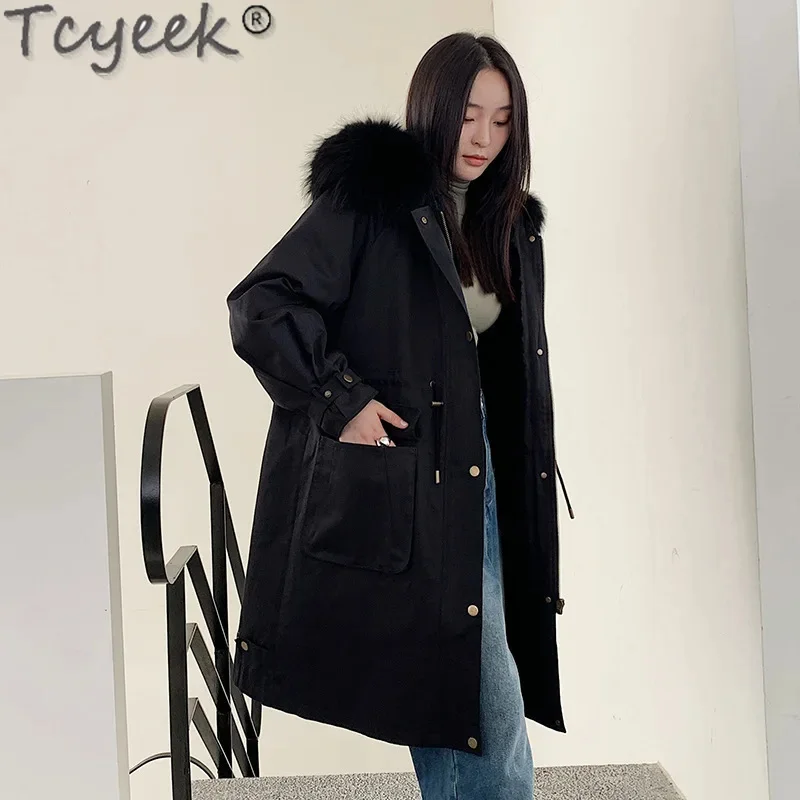 

Parka Tcyeek Women Winter Rex Rabbit Liner Coat 2024 Fashion Long Jacket Female Clothing Raccoon Dog Fur Collar Detachable