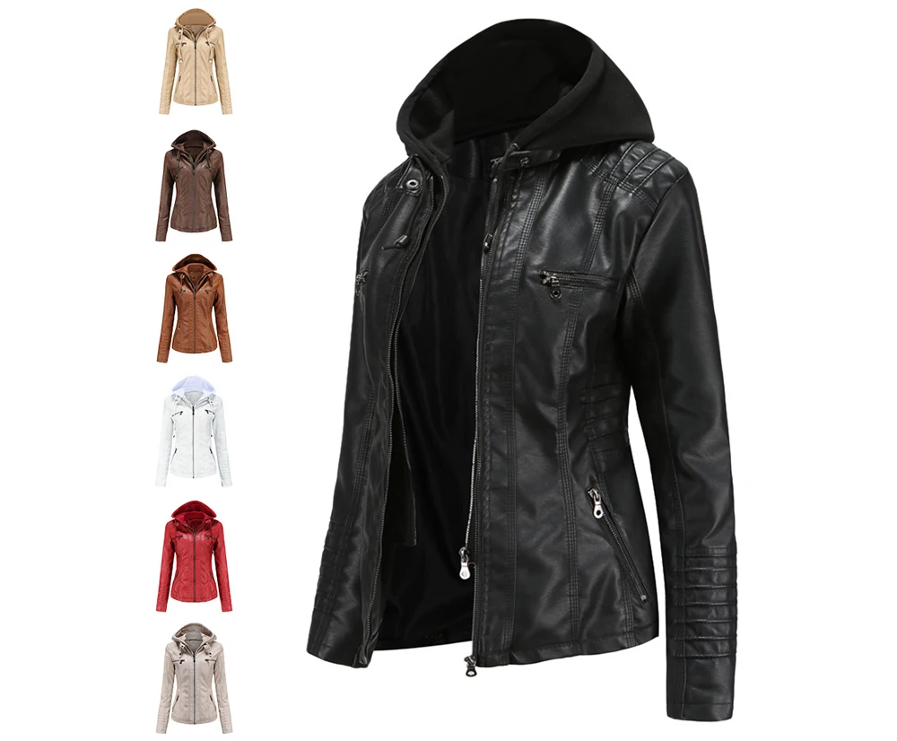 Spring Women Hooded Casual Leather Clothing Outdoor Windproof PU Leather Top Fashion Slim Motorcycle Wear Women\'s Clothing