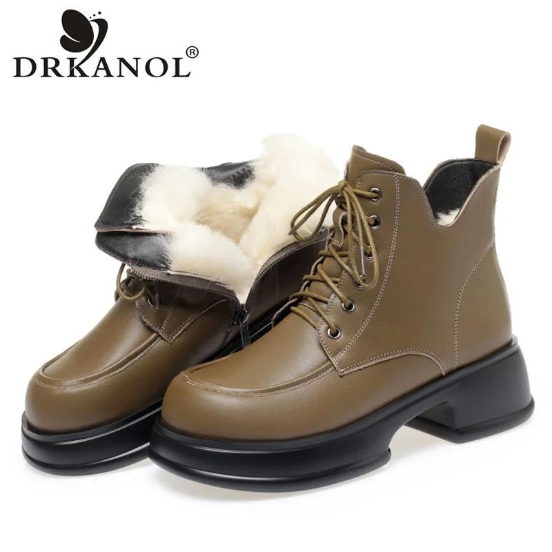 

DRKANOL Genuine Leather Ankle Boots Women Winter Warm Shoes Genuine Leather Thick Heel Platform Wool Fluffy Fur Casual Boots
