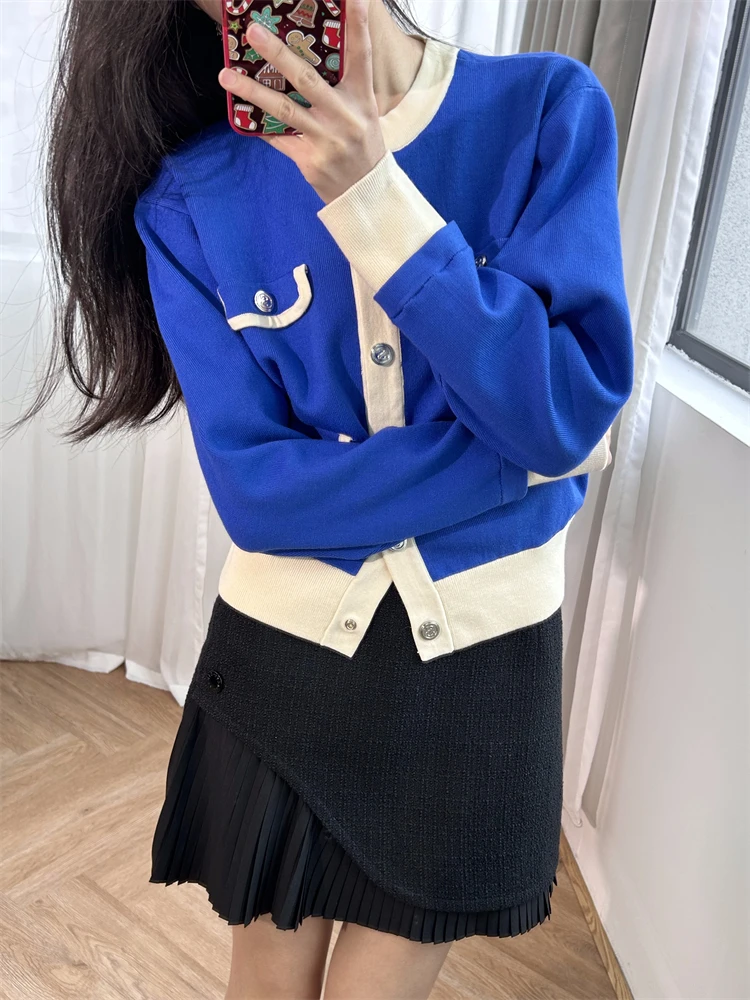 

Klein Blue High end Version 2024 Spring French Dopamine Blue Contrast Small Fragrance Knitted Women's Cardigan Coat