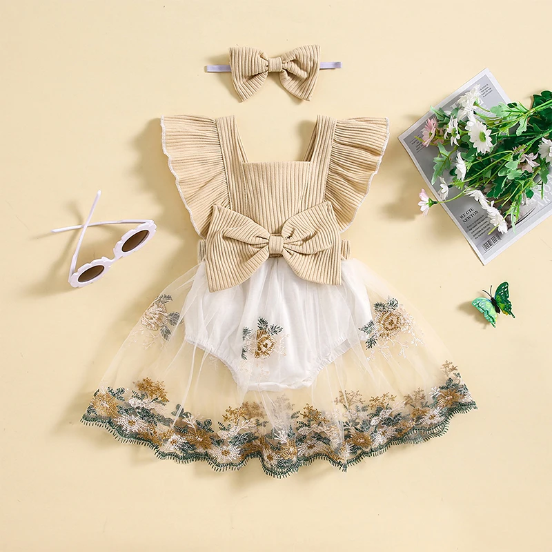 

0-24M Baby Girl 2 Piece Set Square Neck Fly Sleeve Ribbed Romper Dress + 3D Bow Headband Infant Toddler Summer Outfits