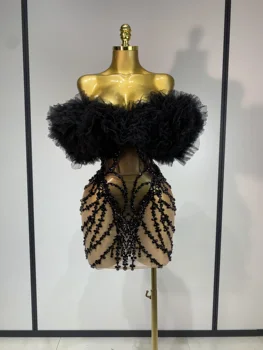Women Sexy Strapless Backless Black Diamond Mini Dress Evening Party Birthday Costume Nightclub Singer Stage Performance Costume 1