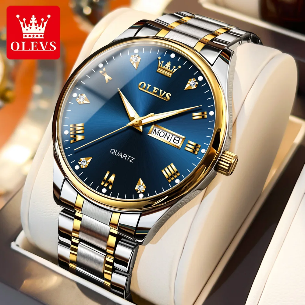 

OLEVS Quartz Watch for Men Luxury Stainless Steel Dual Calendar Diamond Dial Waterproof Luminous Casual Fashion Men's Wristwatch