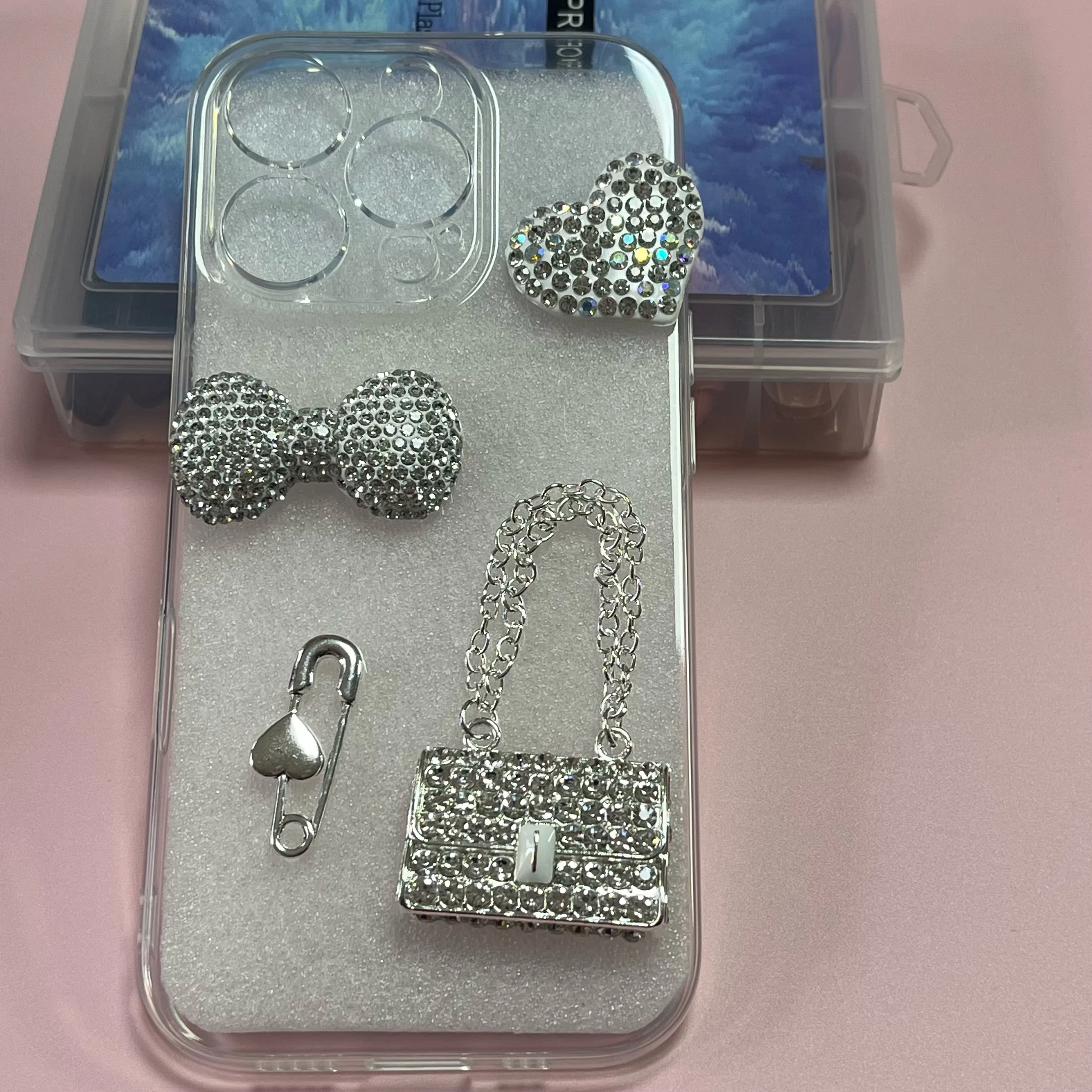 2Pcs Metal Full Diamond Bow Heart Mirrow Handbag Parfum Bottle Junk Phone Case Decoration Charm Accessories Flat Back DIY Craft 2