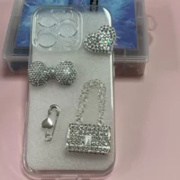 2Pcs Metal Full Diamond Bow Heart Mirrow Handbag Parfum Bottle Junk Phone Case Decoration Charm Accessories Flat Back DIY Craft 2