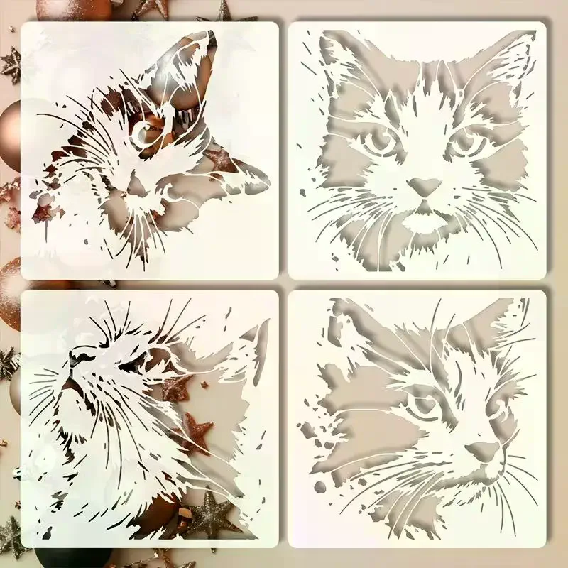 4개/세트 고양이 그림 스텐실, 귀여운 새끼 고양이 패턴이 있는 재사용 가능한 속이 빈 DIY 몰드, 나무 간판, 벽, 저널에 적합