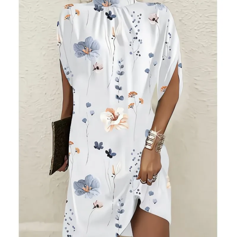 

2023 Summer New Women's Elegant Comfortable Temperament Fresh Sweet Casual Pullover Round Neck Loose Bat Sleeve Printed Dress