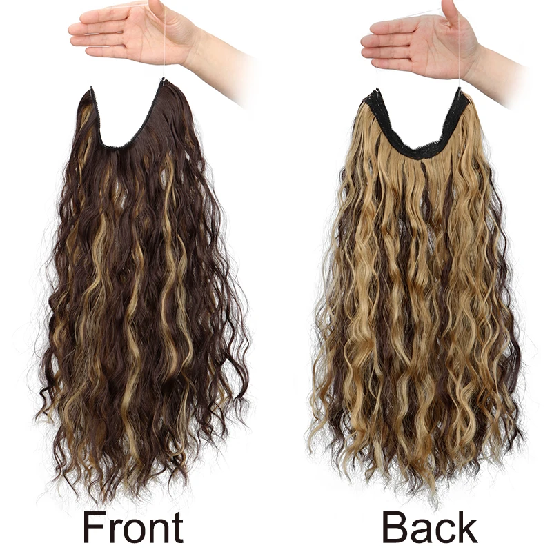 18Inch Synthetic No Clips In Hair Extension Black Blonde One Piece Long Wavy Curly Invisible Wire False Fake Hair Piece for Wome