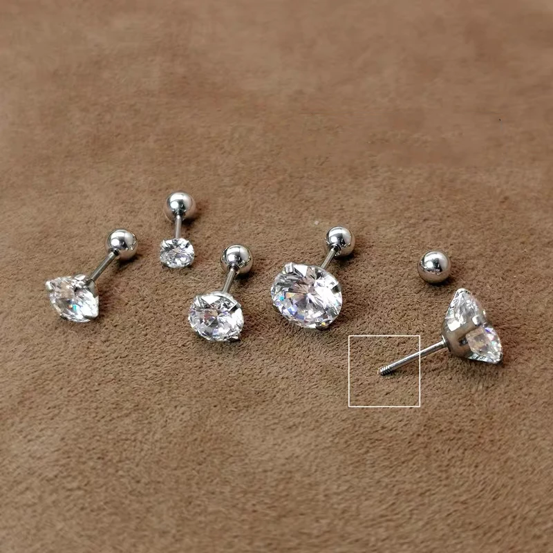 Silver Earrings Silver Stud Earrings 1Pair 925 Sterling Silver Bead Screw Stud Earrings for Women Men Simple 3-6mm Round Cubic Zirconia Ear Body Piercing Jewelry