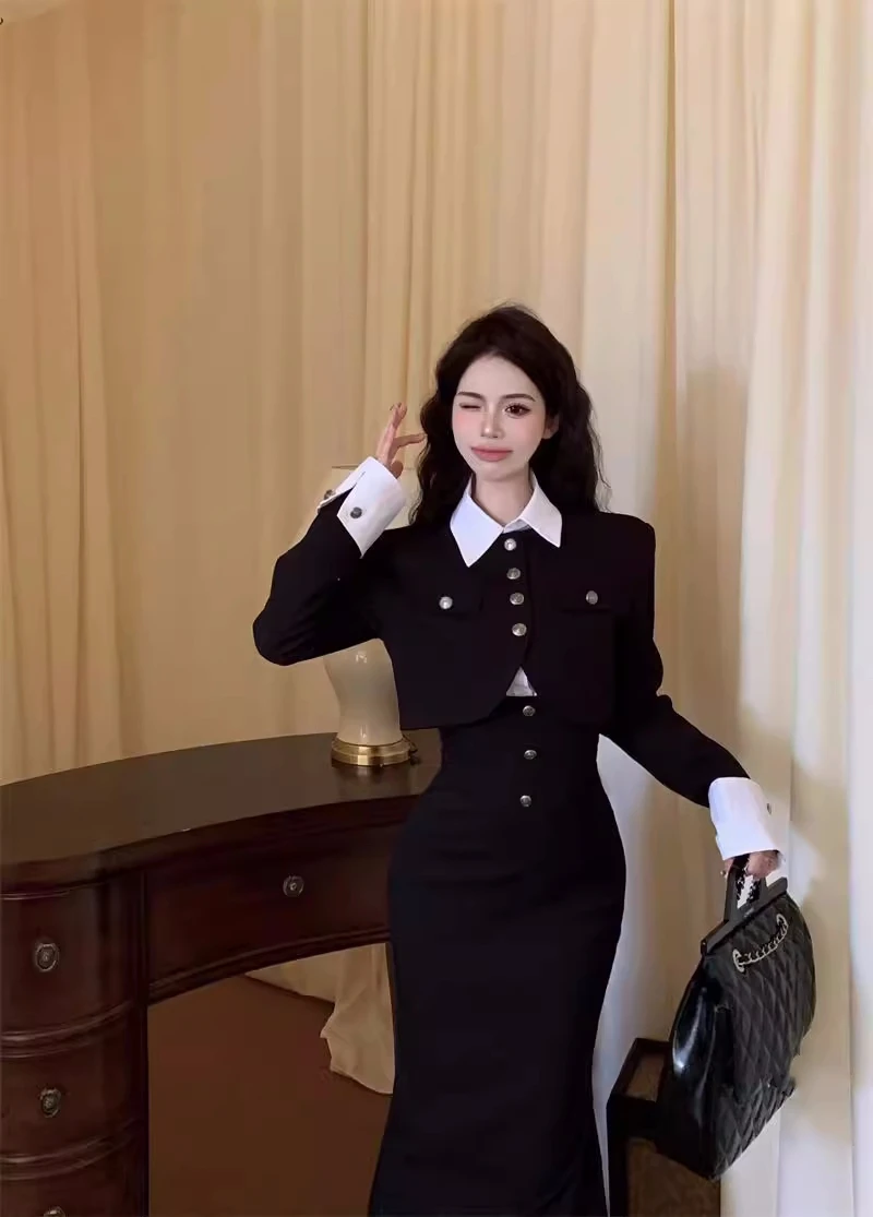 Y2K 3-piece Set Women Crop Coat Blazer White Shirt Halter Sleeveless Bodycon Midi Dress Autumn New Female Korean Chic Outfits