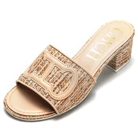 CH middle heel square heel slippers fabric fashion casual shoes luxury brand slippers girls street commuter slippers - Image 3