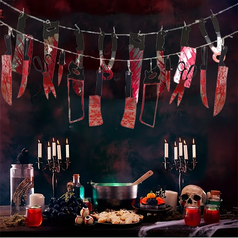 Halloween Bloody Knife Banner  Horror Hanging Decoration Halloween Bar Club Zombie Vampire Party Decorations Supplies
