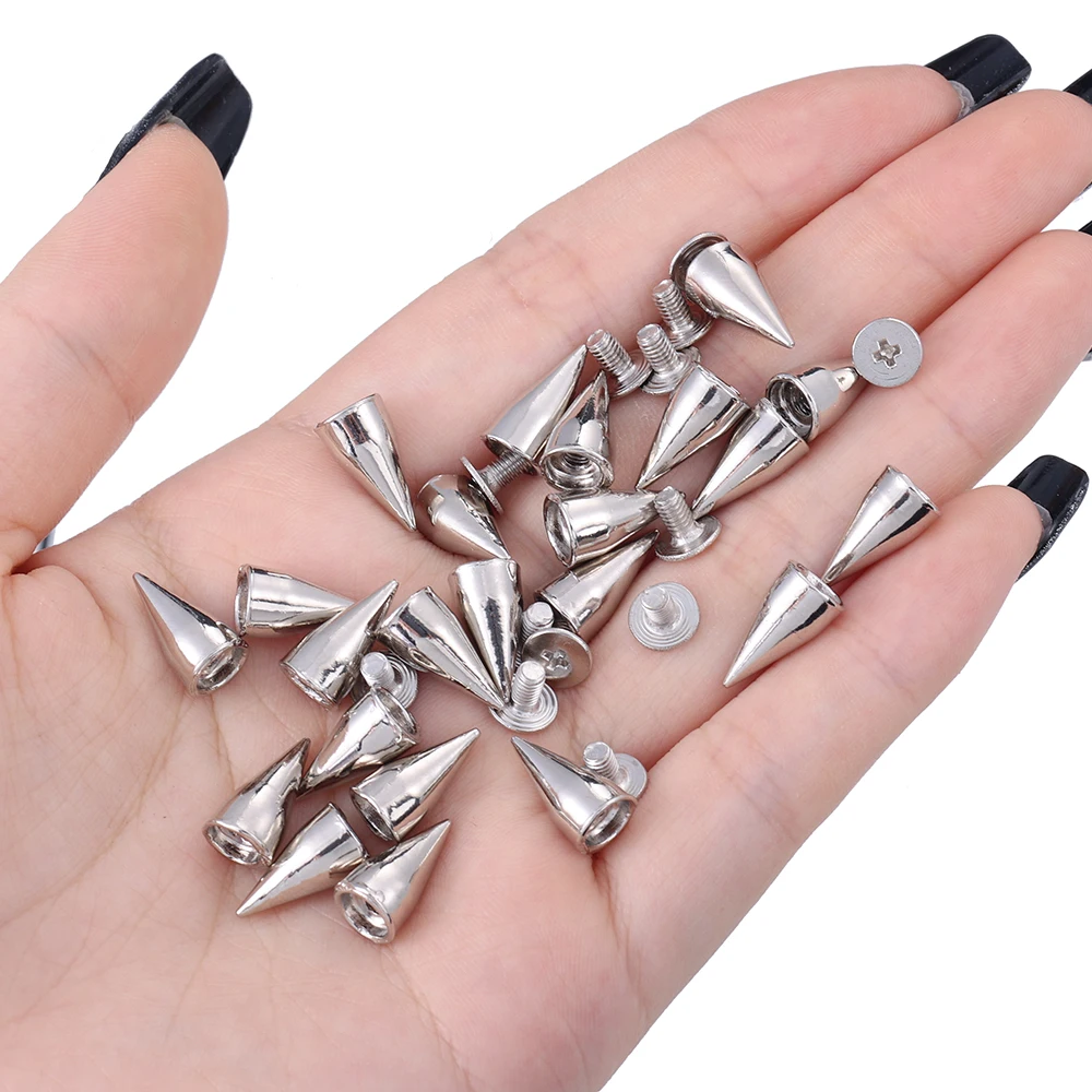 Description Picture 5 of item10-50pcs Punk Rivets Metal Cone Studs And Spikes Silver Warhead DIY Punk Garment Crafts Tools Clothes Shoes Leather Accessories