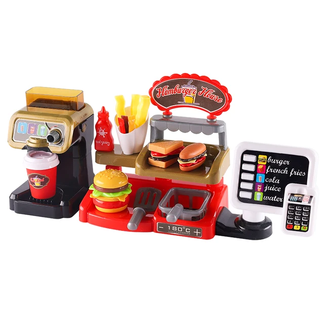Casa de juegos para niños, juego de cocina, comida rápida, restaurante, hamburguesa, patatas fritas, postre, máquina de café, cajero, Mini juego de rol educativo, Juguetes - Imagen 5