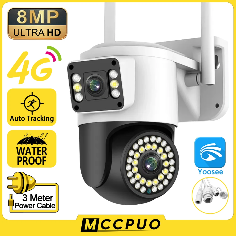 

Mccpuo 4K 8MP 4G Dual Lens PTZ Camera Dual Screen AI Human Auto Tracking WIFI Security CCTV Video Surveillance Camera Yoosee