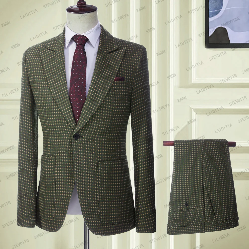

2024 Green Dots Men Suit 2 Pieces Single Breasted Peaked Lapel Fashion Slim Fit Business Tuxedos Wedding Prom Coat Pants