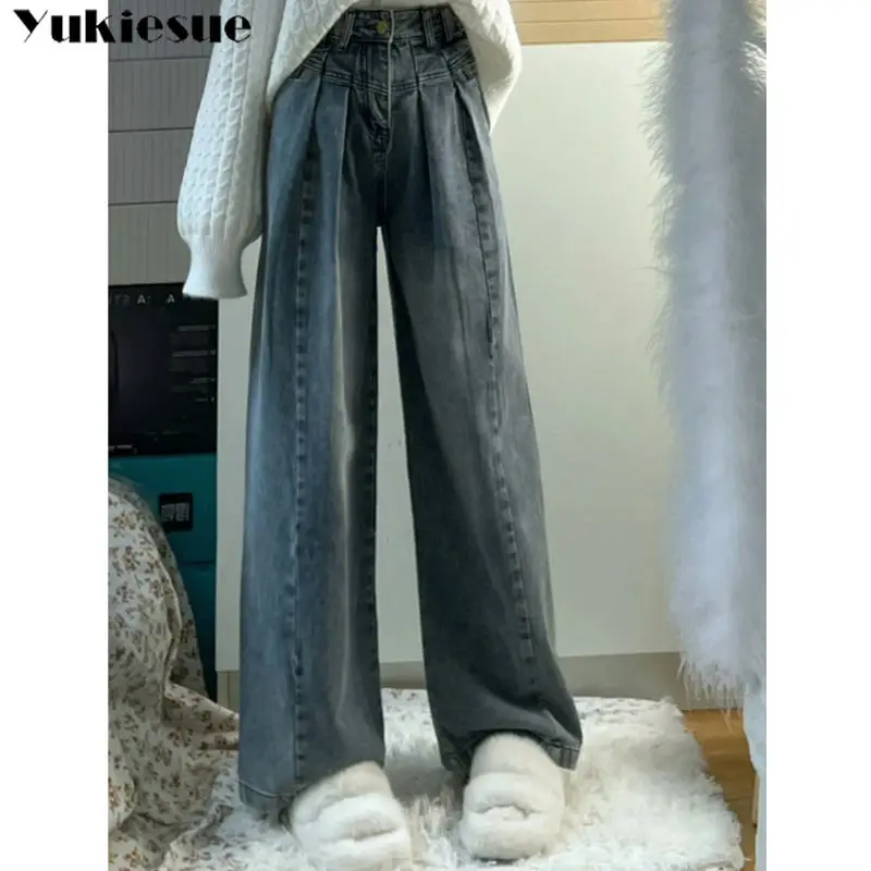 

Loose Vintage Woman Jeans Autumn Bleached Casual Boyfriend Curl Denim y2K Wide Leg Pants Oversize High Waist Jean