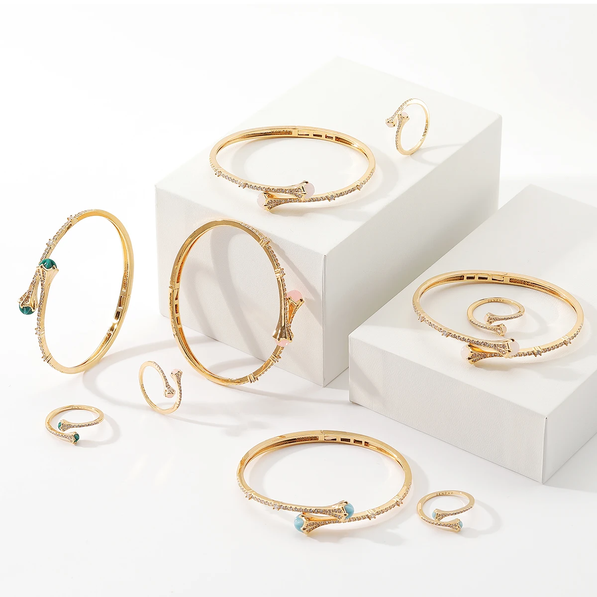 

Women's Fashion 2 Pcs Bracelet & Ring Set Colorful stone Design Gold Open Cuff Bangle Ring Party Jewelry Set