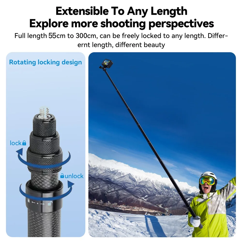 3M Carbon Fiber Selfie Stick for Insta360 X3 / ONE X2 / RS Aluminum Alloy Selfie Stick for GoPro Hero 11 10 9 8 DJI OSMO Action 4