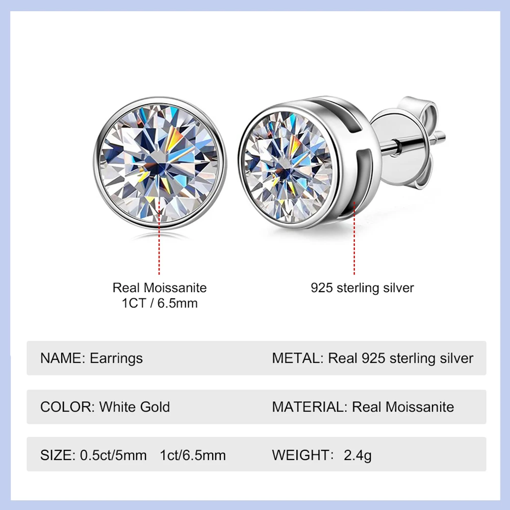Orecchini A Perno In Moissanite 2 Ct WTYIM - Placcati Oro Bianco 18K Su Argento 925, Pietra Rotonda 6,5 Mm, Colore D, VVS1, Eleganti Per Matrimonio